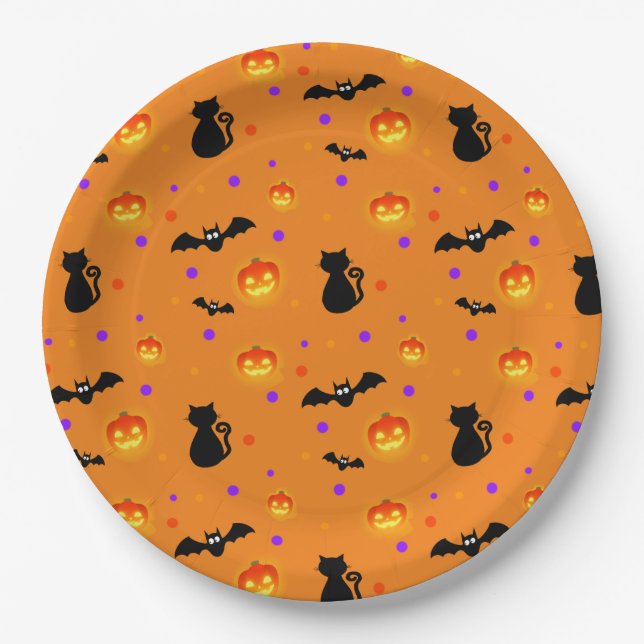 Halloween pumpkins, bats & cats on orange paper plates (Front)