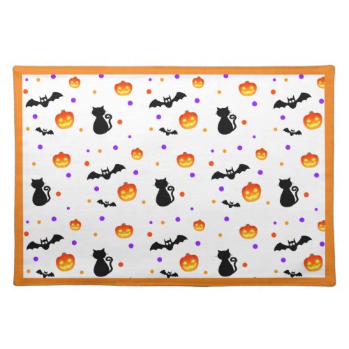 Halloween pumpkins bats  cats on white cloth placemat