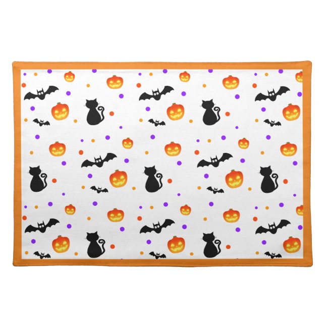 Halloween pumpkins, bats & cats on white cloth placemat (Front)