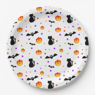 Halloween pumpkins, bats & cats on white paper plates