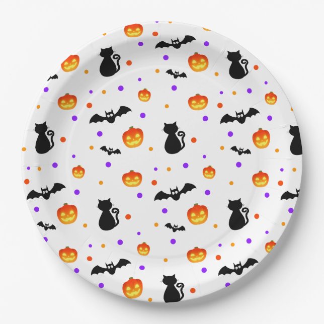 Halloween pumpkins, bats & cats on white paper plates (Front)