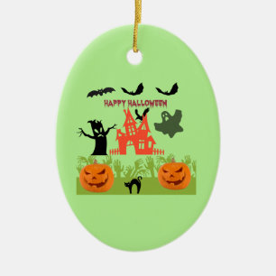 Halloween Pumpkins, Bats, Frightful Tree and Ghost Ceramic Ornament