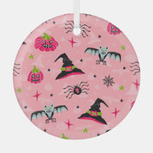 Halloween pumpkins, bats: seamless background. glass ornament