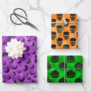 HALLOWEEN PUMPKINS BATS & SKULLS WRAPPING PAPER SHEETS