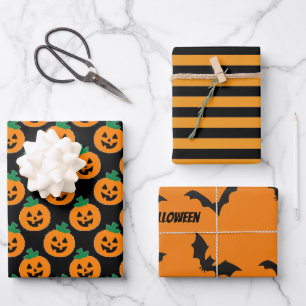 Halloween Pumpkins Bats Stripes Orange Black Wrapping Paper Sheets
