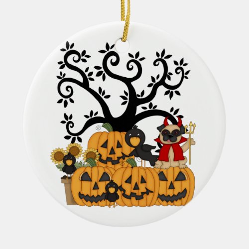 Halloween Pumpkins Black Birds and Pug Dog Ceramic Ornament