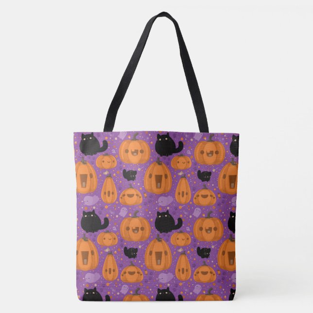 Halloween Pumpkins Black Cats and Ghost Tote Bag (Front)
