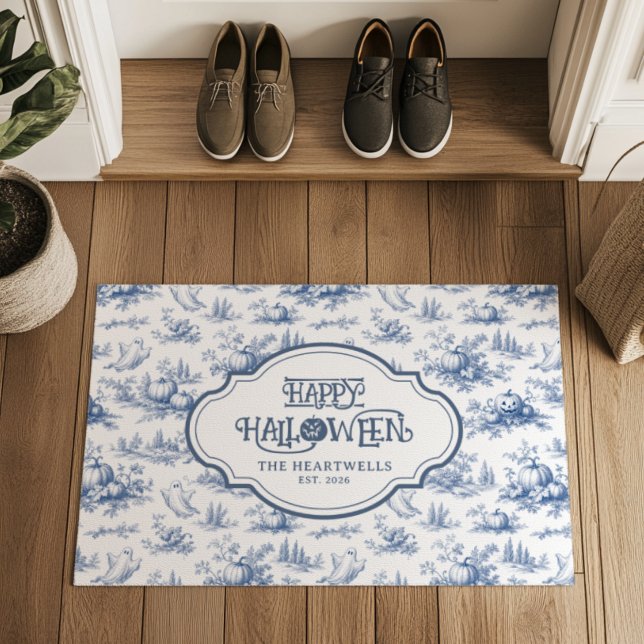 Halloween Pumpkins Blue Toile Pattern Name Year Doormat (Creator Uploaded)