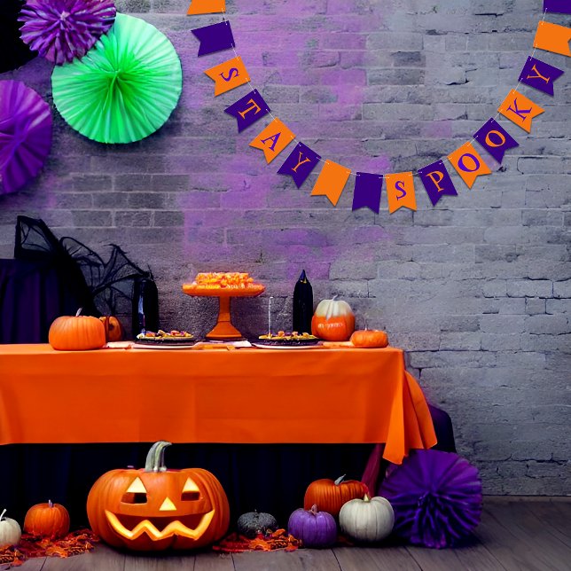 Halloween Pumpkins Bunting Flags (Customizable Halloween Bunting Flags. "Stay Spooky" written on orange and purple background)
