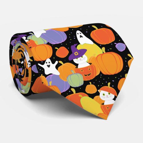 Halloween pumpkins cats and ghosts colorful neck tie