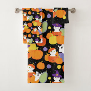 Halloween Pumpkins Cats and Ghosts Colorful Patt Bath Towel Set