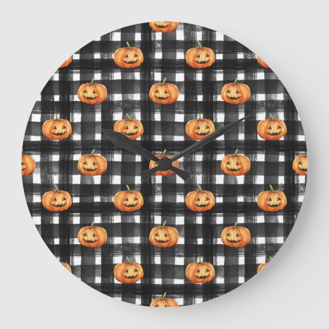 Halloween Pumpkins: Checkered Charm. Large Clock (Front)