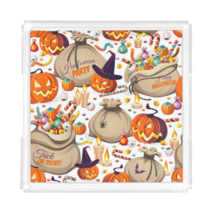 Halloween pumpkins, colorful sweets, seamless patt acrylic tray