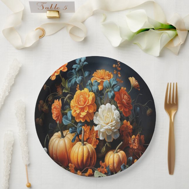 Halloween Pumpkins Flowers Paper Plates (Wedding)