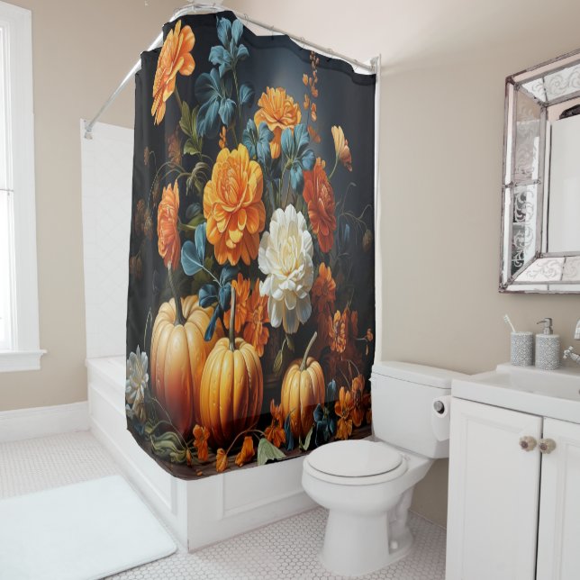 Halloween Pumpkins Flowers Shower Curtain (In Situ)