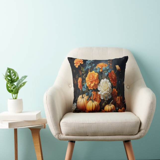 Halloween Pumpkins Flowers Throw Pillow (Chair)