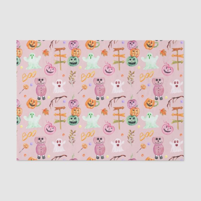 Halloween Pumpkins, Ghost, Monsters Pink  Tissue Paper (Front)