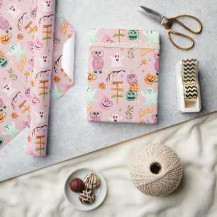Halloween Pumpkins, Ghost, Monsters Pink Wrapping Paper