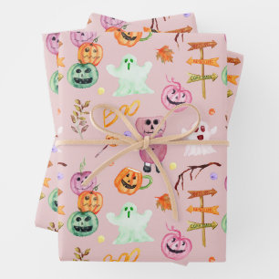 Halloween Pumpkins, Ghost, Monsters Pink Wrapping Paper Sheets