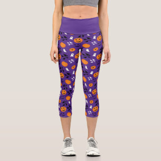Halloween pumpkins ghosts bats fun purple pattern capri leggings