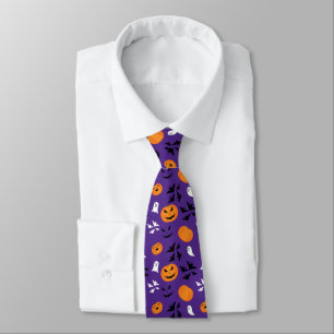 Halloween pumpkins ghosts bats fun purple pattern neck tie