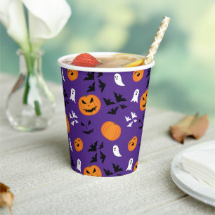 Halloween pumpkins ghosts bats fun purple pattern paper cups