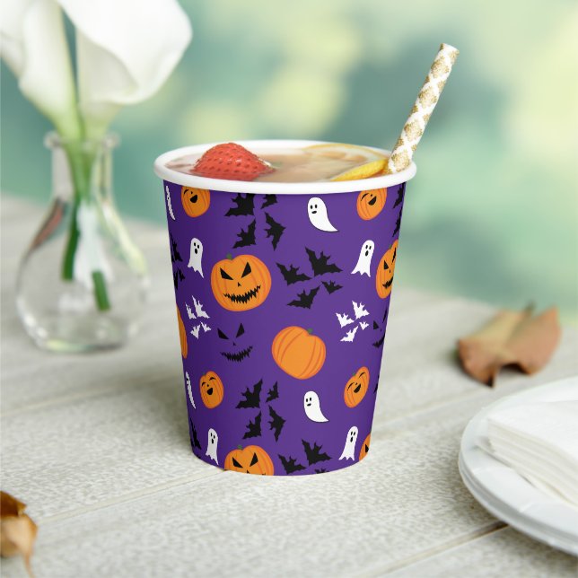 Halloween pumpkins ghosts bats fun purple pattern paper cups (Insitu)