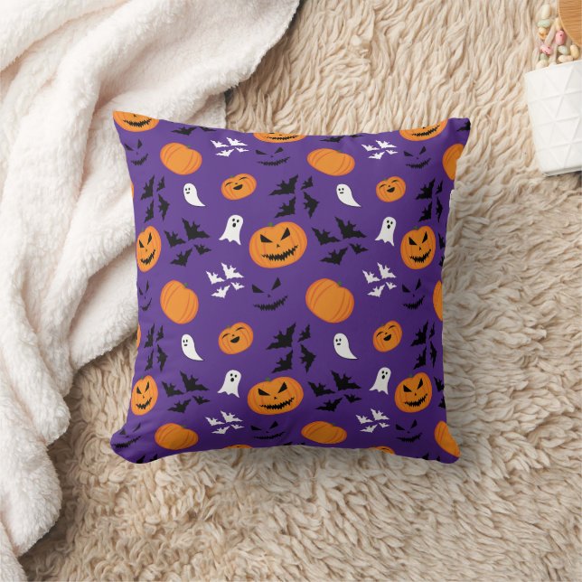 Halloween pumpkins ghosts bats fun purple pattern throw pillow (Blanket)