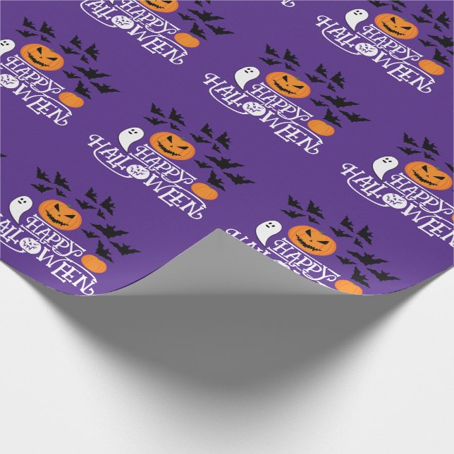 Halloween pumpkins ghosts bats fun purple pattern wrapping paper (Corner)