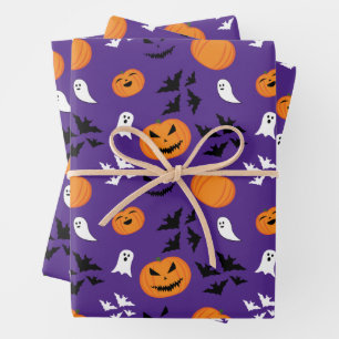 Halloween pumpkins ghosts bats fun purple pattern wrapping paper sheets