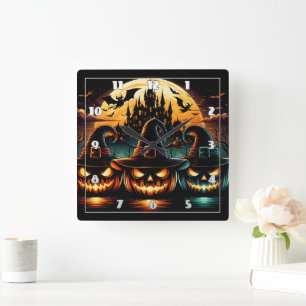 Halloween pumpkins glow under a full moon at dusk square wall clock