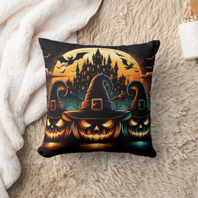 Halloween pumpkins glow under a full moon at dusk throw pillow (Blanket)