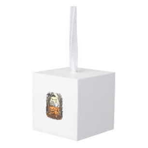 Halloween Pumpkins Grey Cat Bat Full Moon Woods Cube Ornament