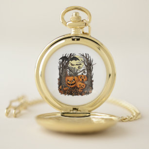 Halloween Pumpkins Grey Cat Bat Full Moon Woods Pocket Watch