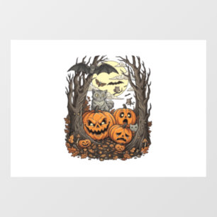 Halloween Pumpkins Grey Cat Bat Full Moon Woods Window Cling