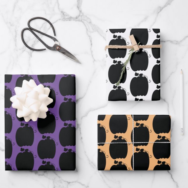 Halloween Pumpkins Hand Drawn Orange Black Purple Wrapping Paper Sheets (Front)