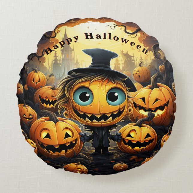 Halloween Pumpkins Happy Halloween Round Pillow (Front)