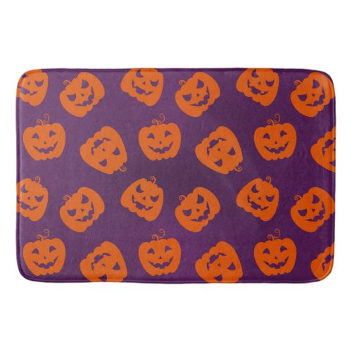 Halloween Pumpkins on Purple Background Pattern Bath Mat