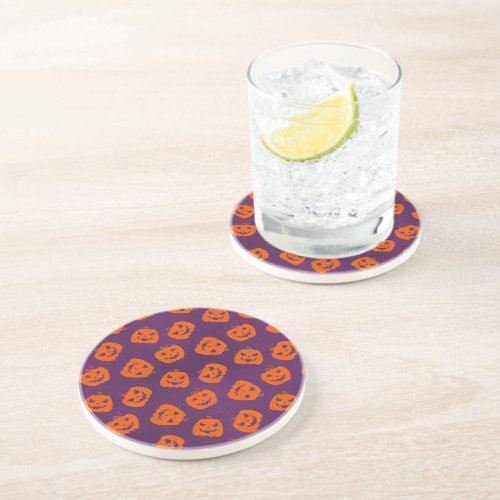 Halloween Pumpkins on Purple Background Pattern Coaster