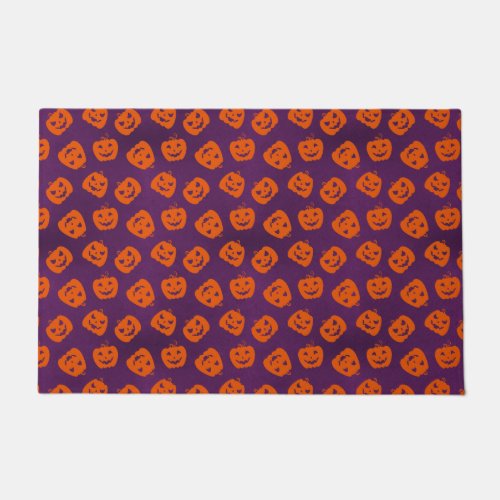 Halloween Pumpkins on Purple Background Pattern Doormat