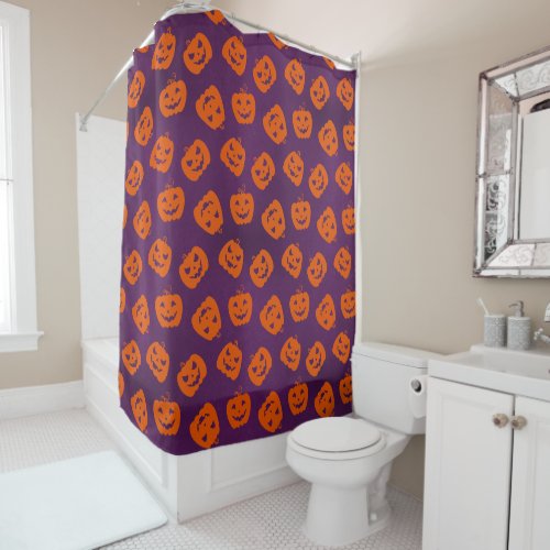 Halloween Pumpkins on Purple Background Pattern Shower Curtain