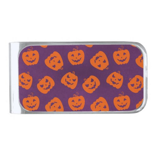 Halloween Pumpkins on Purple Background Pattern Silver Finish Money Clip