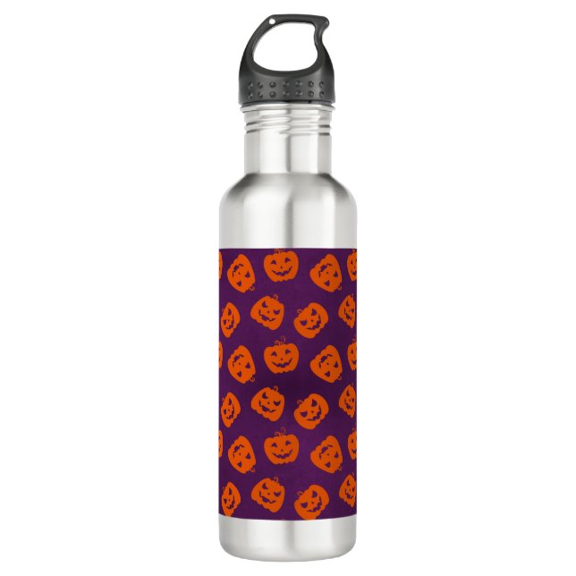 Halloween Pumpkins on Purple Background Pattern Stainless Steel Water Bottle (Front)