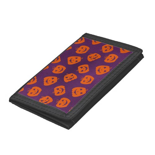 Halloween Pumpkins on Purple Background Pattern Trifold Wallet