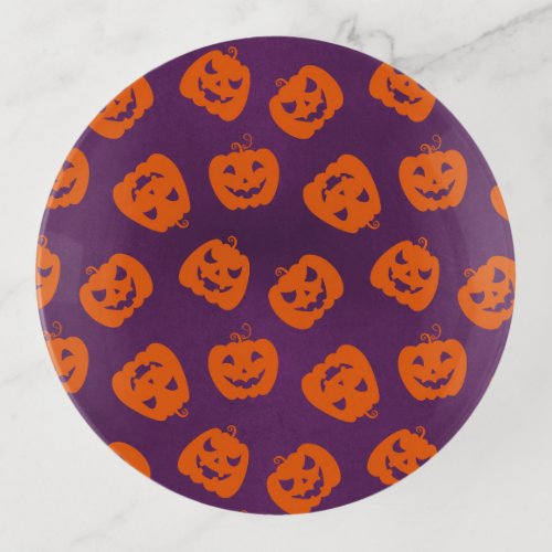 Halloween Pumpkins on Purple Background Pattern Trinket Tray