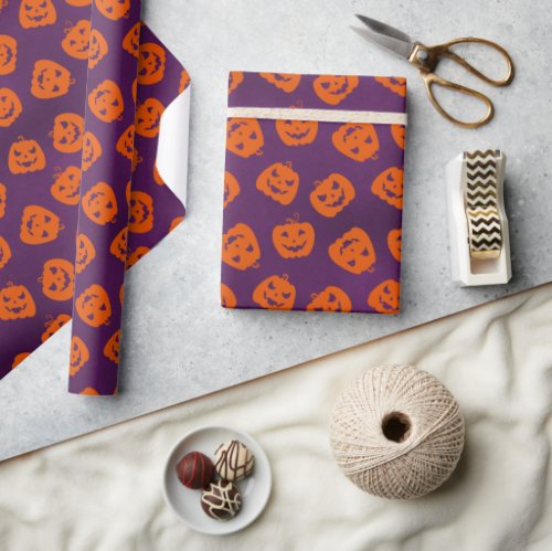 Halloween Pumpkins on Purple Background Pattern Wrapping Paper