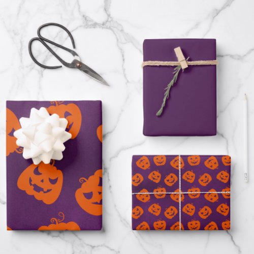 Halloween Pumpkins on Purple Background Pattern Wrapping Paper Sheets