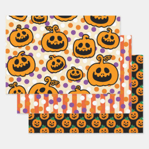 Halloween Pumpkins Orange Black Theme Wrapping Paper Sheets
