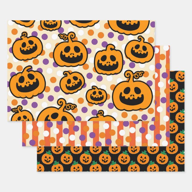Halloween Pumpkins Orange Black Theme Wrapping Paper Sheets (Set)
