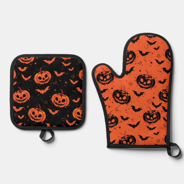 Halloween pumpkins oven mitt & pot holder set (Front)